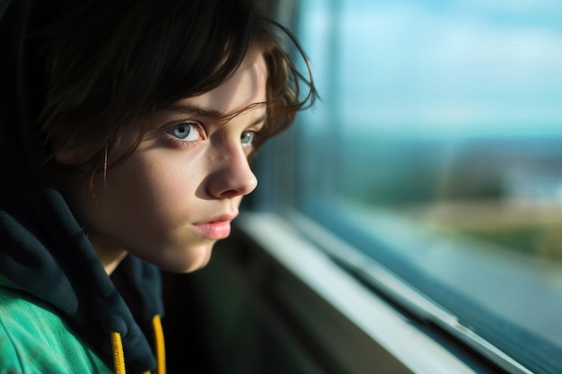 Foto primer plano de un joven adolescente mirando por la ventana de un autobús o tren con cara triste