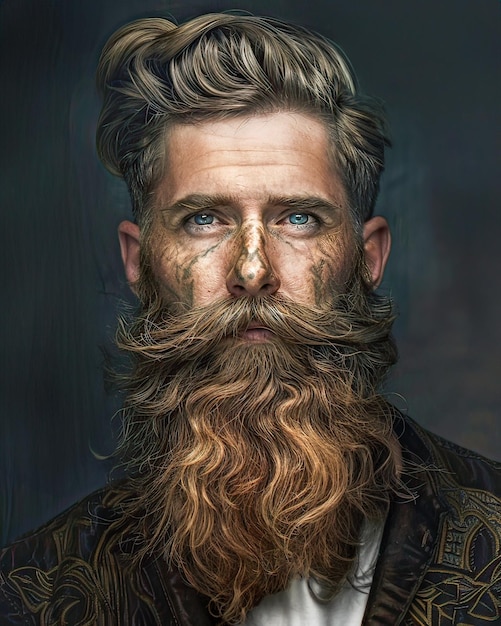 Primer plano de un joven adulto con una mirada seria barba larga ojos azules fuerte construcción