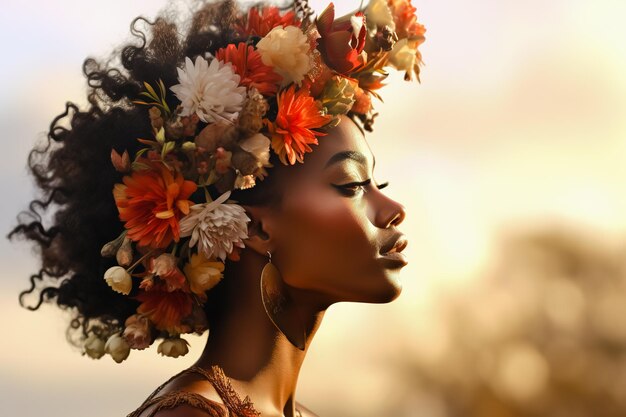 Foto un primer plano de una joven africana con una corona de flores en la cabeza