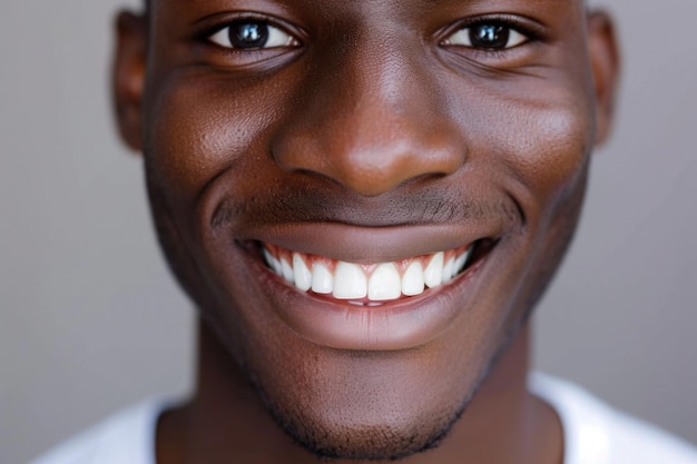 Primer plano de un joven africano sonriente que muestra dientes blancos y sanos