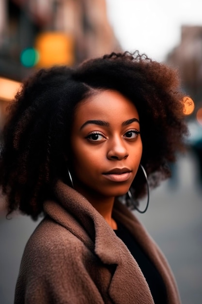 Primer plano de una joven afroamericana mirando la cámara generada con IA