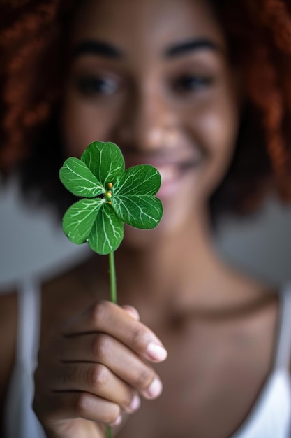 Foto primer plano de una joven afroamericana sosteniendo una hoja de trébol