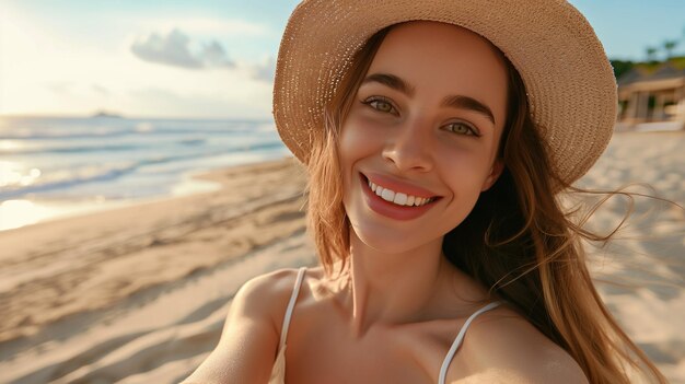 Un primer plano de una joven alegre con un sombrero de verano tomando una selfie en la playa
