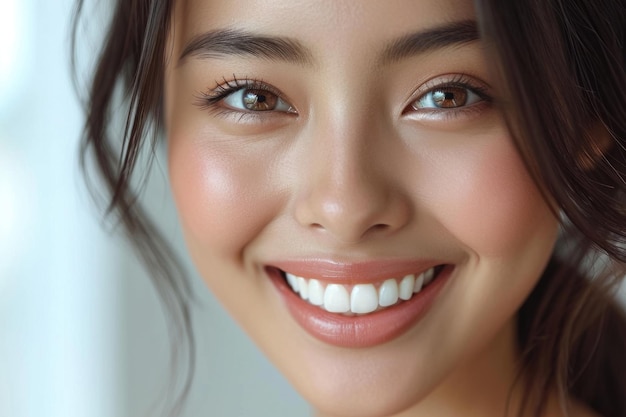 Primer plano de una joven asiática sonriente mostrando dientes blancos y sanos