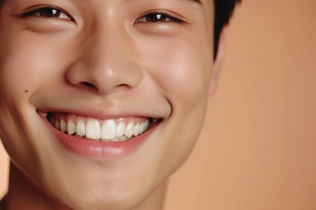 Foto primer plano de un joven asiático sonriente que muestra dientes blancos y sanos