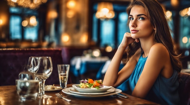 primer plano de una joven bonita sentada en el restaurante mujer en el fondo del café mujer en el café