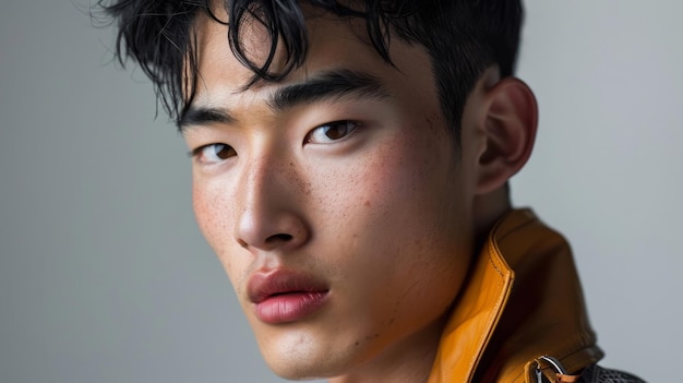 Un primer plano de un joven con cabello negro una sonrisa y usando una chaqueta