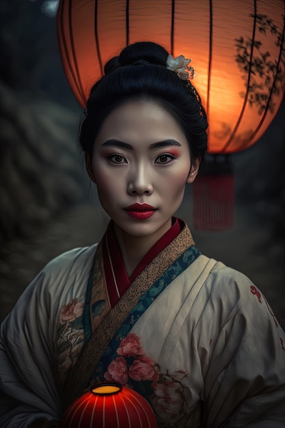 Primer plano de una joven china vestida de geisha celebrando el festival de los cerezos en flor en zhangjiajie con linterna china AIGenerated