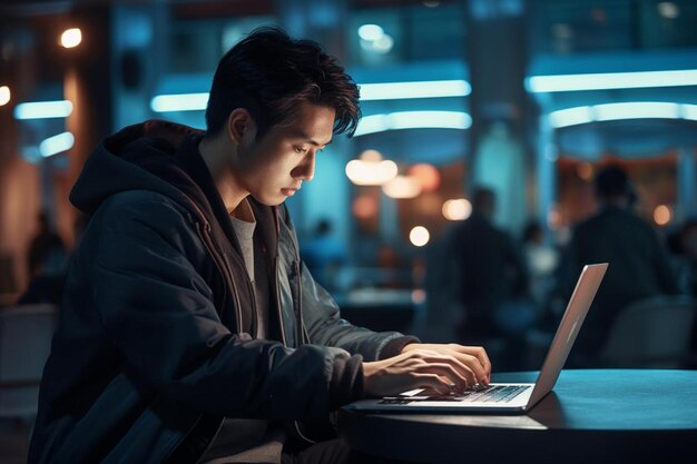 Primer plano de un joven chino escribiendo en una computadora portátil en el bloque 1_0jpg