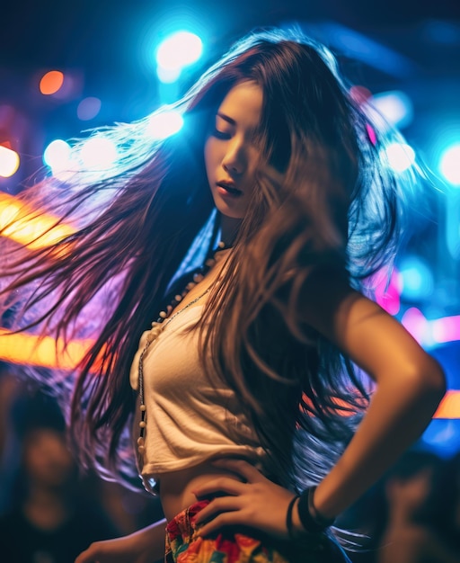 Un primer plano de una joven coreana bailando en un concierto