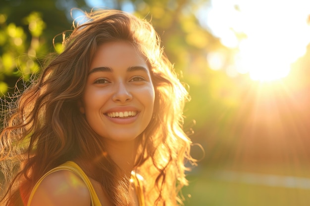 Un primer plano de una joven feliz disfrutando de un día soleado al aire libre