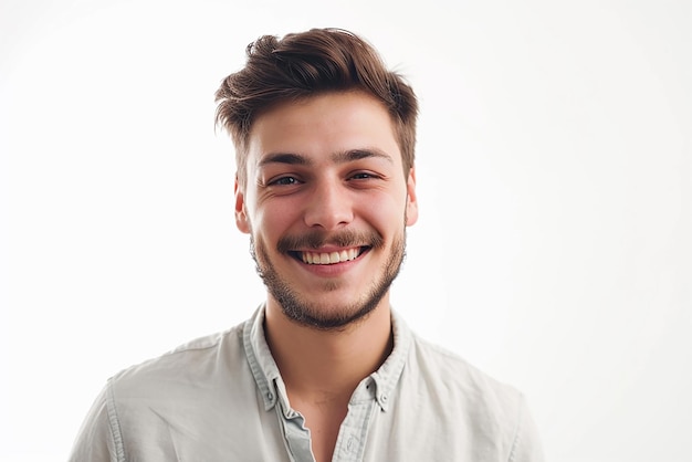 Foto primer plano de un joven feliz posando sobre fondo blanco aislado