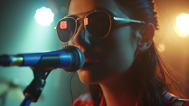 Foto primer plano de una joven con gafas de sol cantando en un micrófono ella está actuando en el escenario con una banda