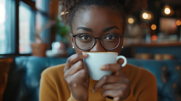 Primer plano de una joven con gafas tomando un descanso para un café mientras asiste a un seminario de negocios virtual