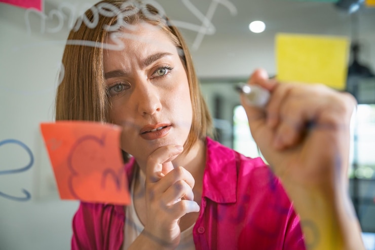 Foto primer plano de una joven y hermosa líder de negocios caucásica presenta una idea de marketing mientras escribe una idea de marketing en un tablero de vidrio con un mapa mental y notas adhesivas coloridas.