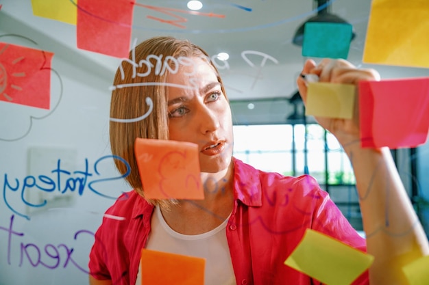 Primer plano de una joven y hermosa líder de negocios caucásica presenta una idea de marketing mientras escribe una idea de marketing en un tablero de vidrio con un mapa mental y notas adhesivas coloridas.