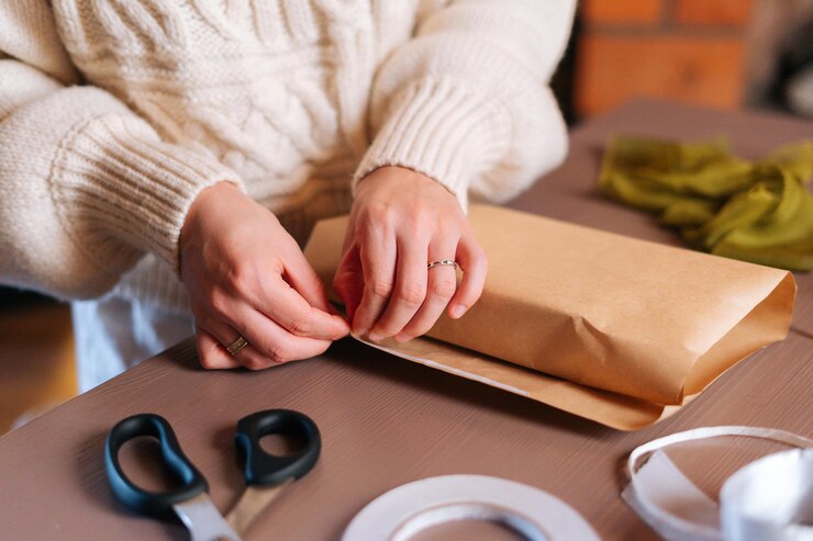 Foto primer plano de una joven irreconocible envolviendo la caja de regalo de navidad festiva en papel artesanal con