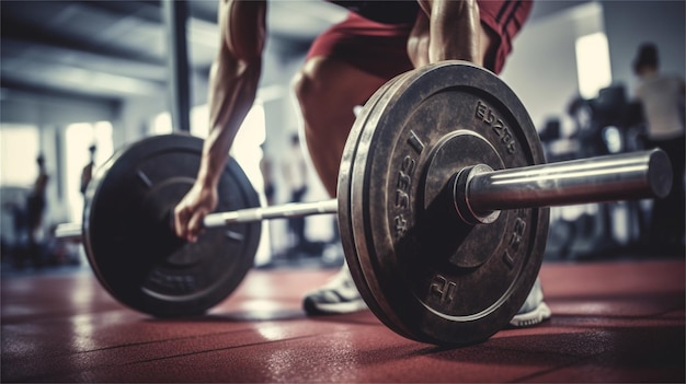 Primer plano de un joven levantando pesas en el gimnasio