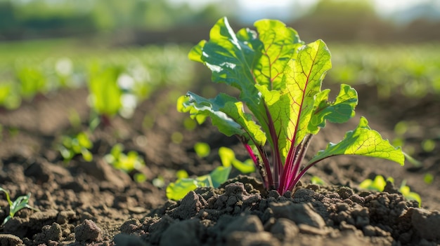 Primer plano de una joven planta de remolacha azucarera en un campo verde exuberante Agricultura Concepto de agricultura y naturaleza