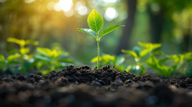 Un primer plano de una joven planta verde que crece en el suelo con un fondo borroso