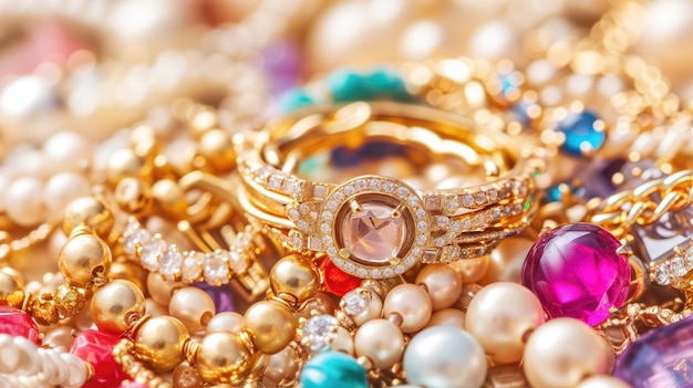 Un primer plano de joyas finas mixtas con perlas y piedras preciosas