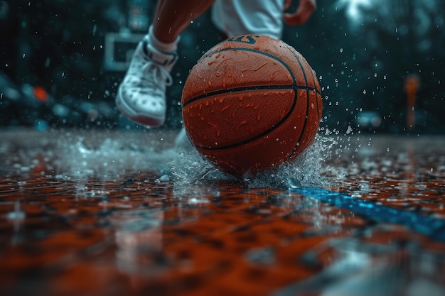 Primer plano de un jugador de baloncesto decidido driblando la pelota con enfoque y precisión en la cancha