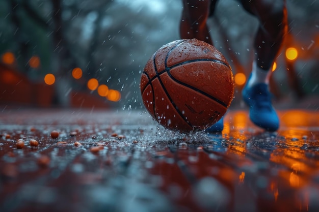 Primer plano de un jugador de baloncesto decidido driblando la pelota con enfoque y precisión en la cancha