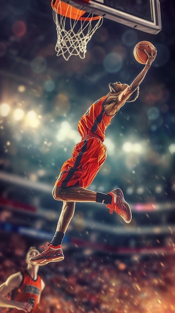 un primer plano de un jugador de baloncesto saltando para meter una pelota generativa ai