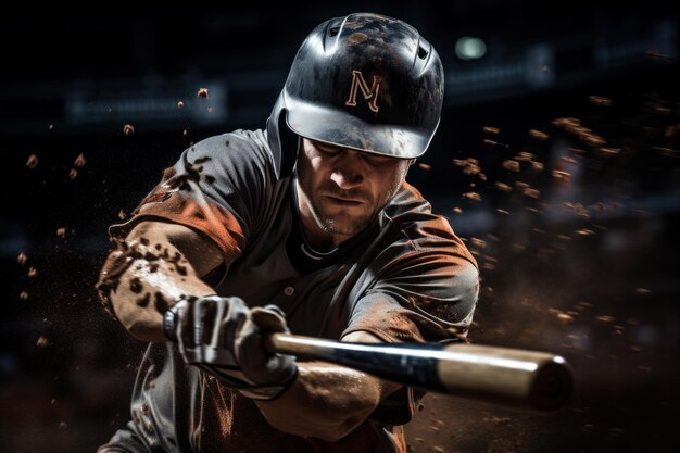 Foto primer plano de un jugador de béisbol golpeando la pelota