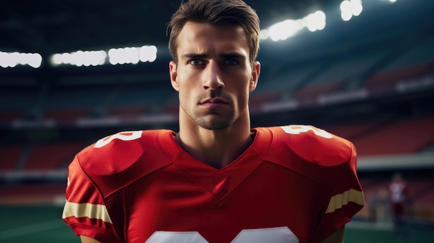 Foto primer plano de un jugador de fútbol americano serio en jersey rojo mirando hacia abajo contra el campo de deportes