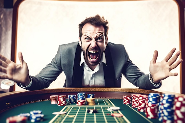 Primer plano de un jugador masculino exitoso en un casino en la mesa de juego emocionante alegría llorar casino