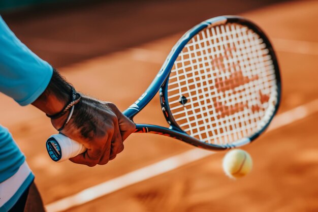 Un primer plano de un jugador de tenis con una raqueta en la cancha