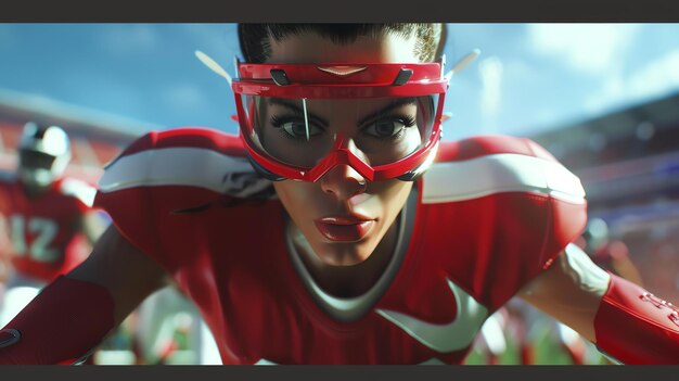 Foto primer plano de una jugadora de fútbol femenina decidida en uniforme rojo y visera futurista lista para abordar a un oponente durante un juego