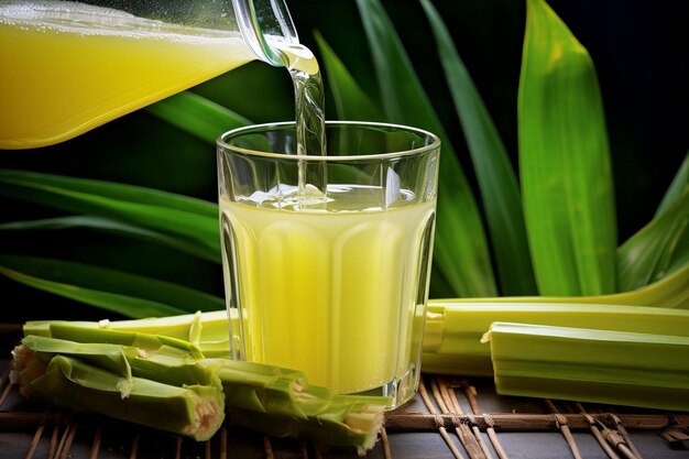 Foto un primer plano del jugo de caña de azúcar que se vierte en un vaso con una rebanada de papaya