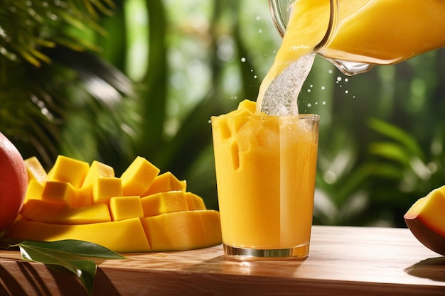 Un primer plano del jugo de mango que se vierte en una licuadora