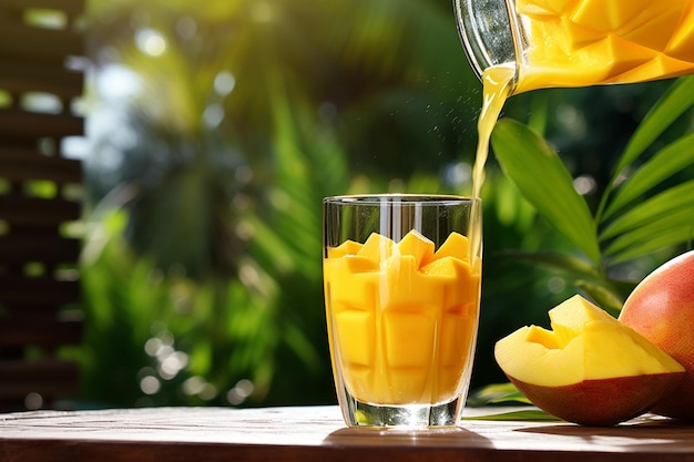 Un primer plano del jugo de mango que se vierte en una licuadora