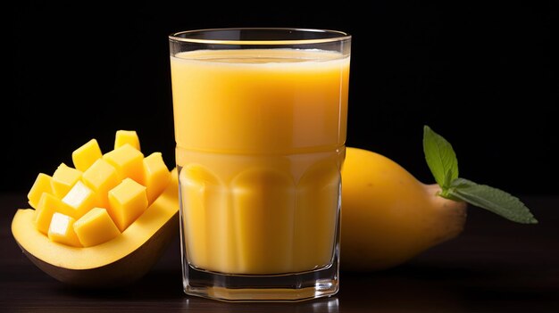 Foto primer plano de un jugo de mango vibrante contra un telón de fondo oscuro capturado en una imagen de alta calidad