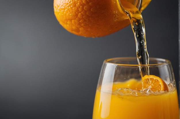 Un primer plano del jugo de naranja que se vierte en una mimosa