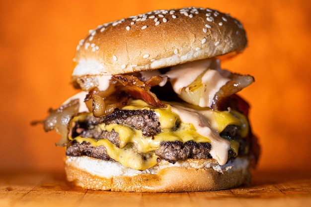 Primer plano de una jugosa hamburguesa gourmet sobre un fondo naranja