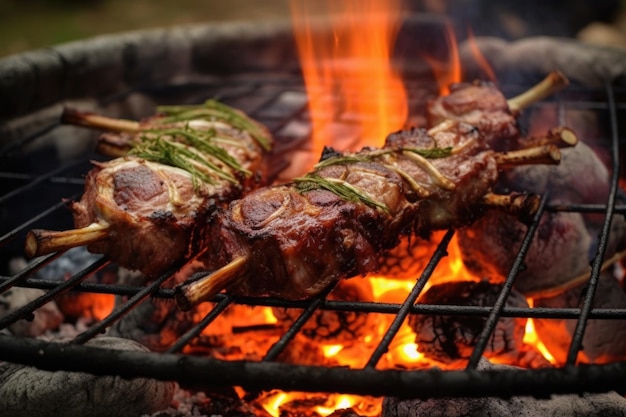 Un primer plano de las jugosas chuletas de cordero cocinadas en la fogata creada con IA generativa