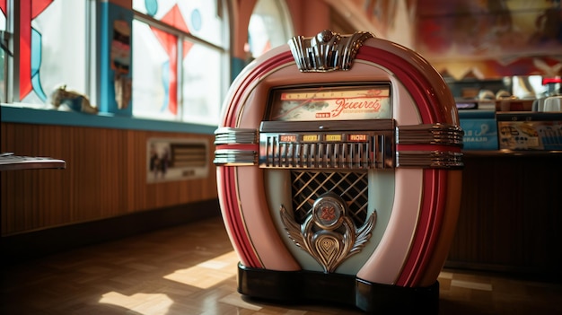 Primer plano de una jukebox vintage en la esquina de la heladería destacando su diseño retro