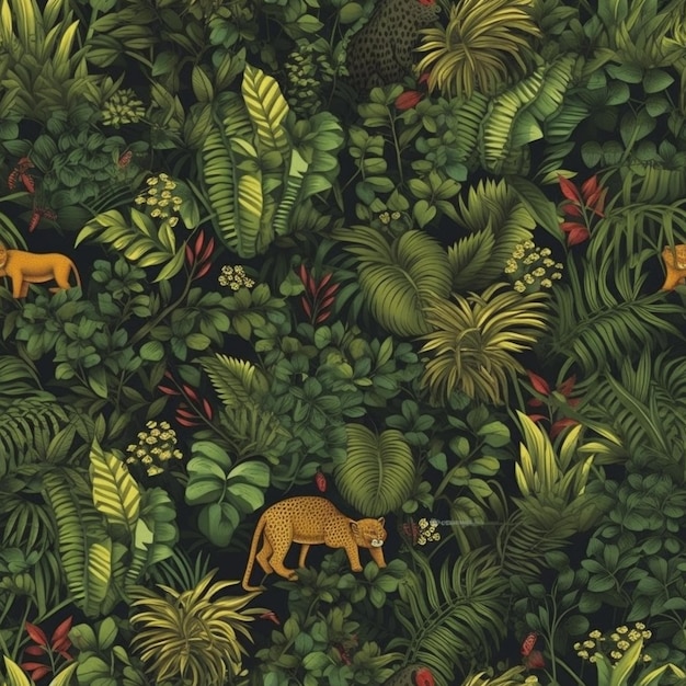 Foto un primer plano de una jungla con un tigre y otros animales generativos ai