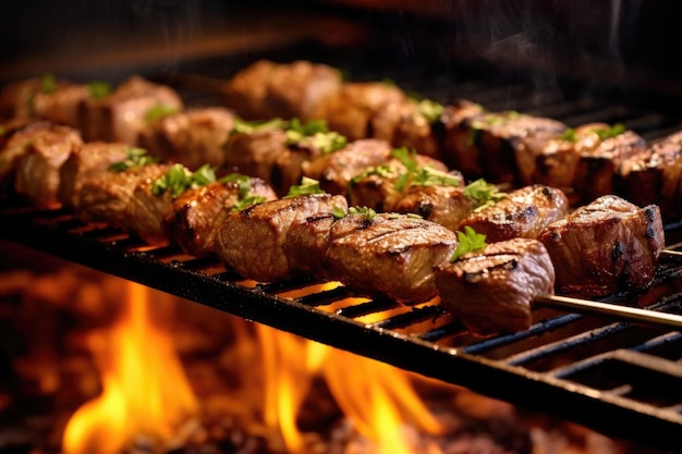 Primer plano de kebabs de cordero jugosos en la parrilla caliente creados con AI generativa