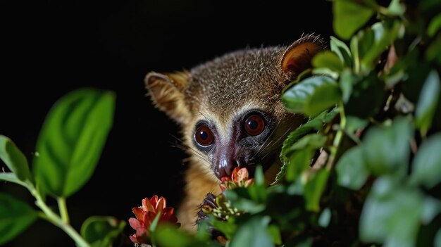 Foto un primer plano de un kinkajous grandes ojos redondos que brillan a la luz de la luna mientras delicadamente arranca una flor de