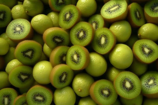 Un primer plano de kiwi con la luz brillando en el centro.