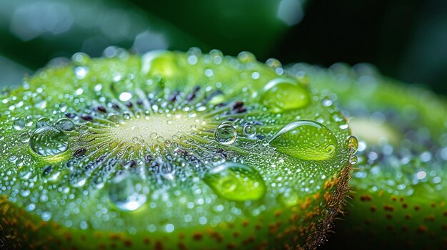 Primer plano de un kiwi su piel peluda adornada con gotas de rocío AI genera ilustración