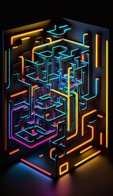 Un primer plano de un laberinto con luces de neón en una habitación oscura