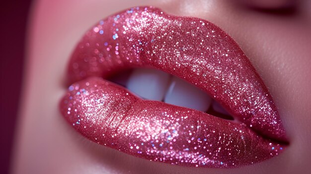 Foto primer plano de labios femeninos brillantes con brillo