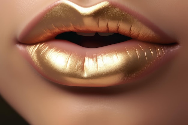 Foto primer plano de los labios femeninos con colores pastel dorados generados por la ia