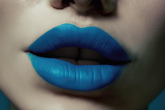 Primer plano de labios femeninos con lápiz labial azul satinado creado con tecnología generativa ai